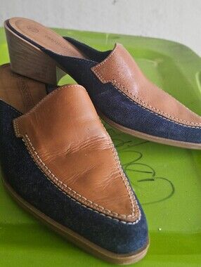 Leather & Denim Pointed Mule Heels - Brown/Blue